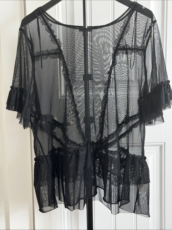 Vince Camuto Tops - Vince Camuto Sheer Black Ruffle Mesh Top